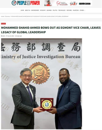 調查局感謝艾格蒙聯盟卸任副主席Ahmed深化國際金融情報合作 臺奈FIU交流照片獲國際媒體刊登